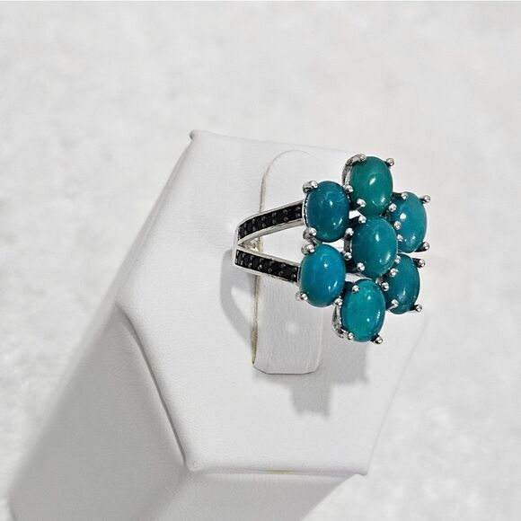 Blue Ethiopian opal and Black Spinel ring in Sterling Silver. - Picture 3 of 6